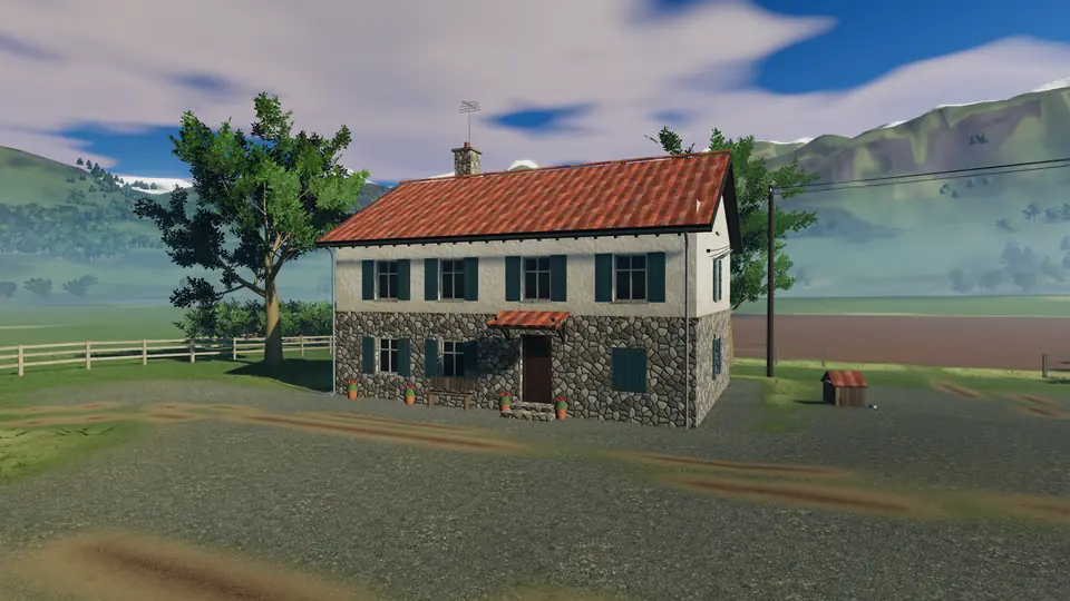 Kiremit çatılı taş çiftlik evi ve avlusu